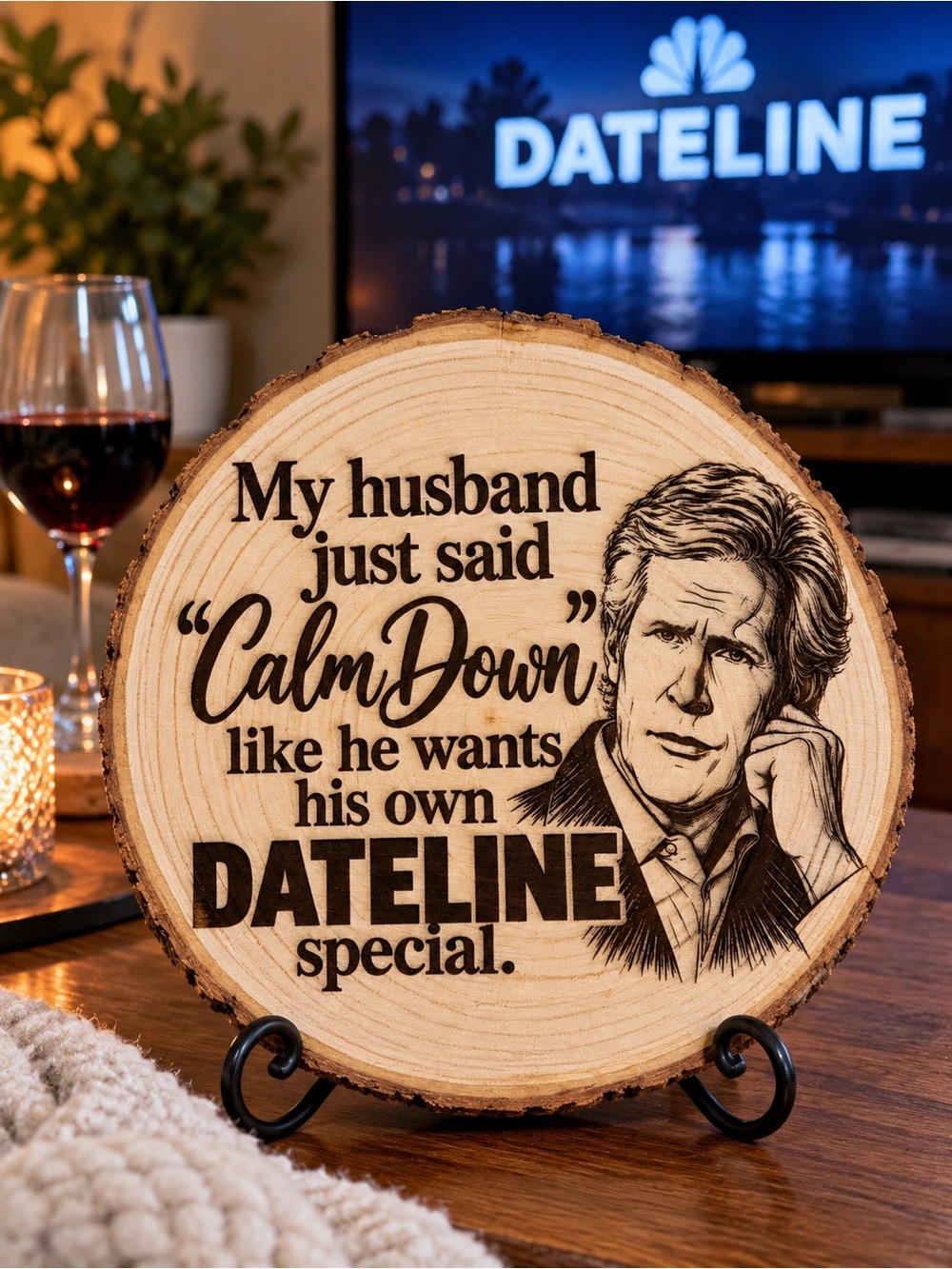 Handmade Dateline Calm Down Husband Wood Slice Sign 9” Funny Decor